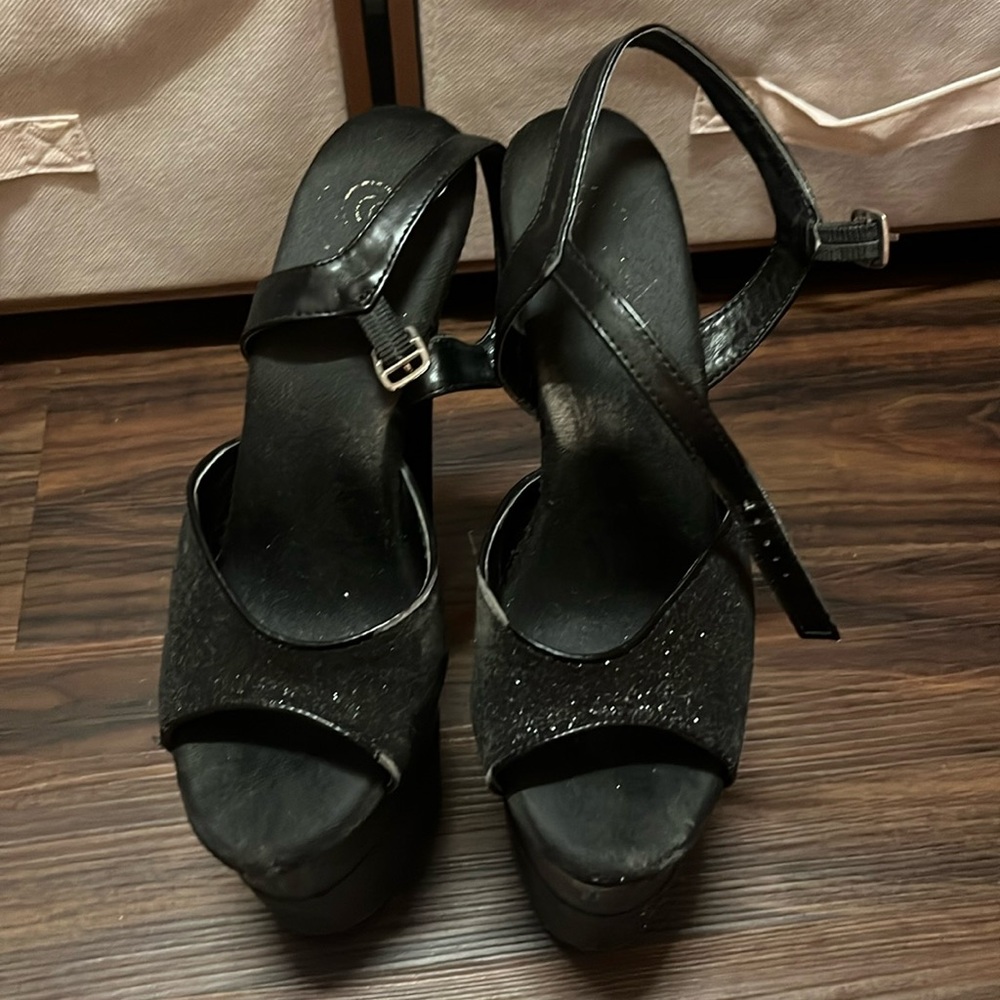 Pleaser Black half matte half glitter heels